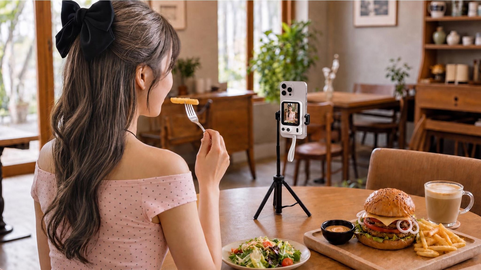 A creator using Connecty LivePro to record a dining moment